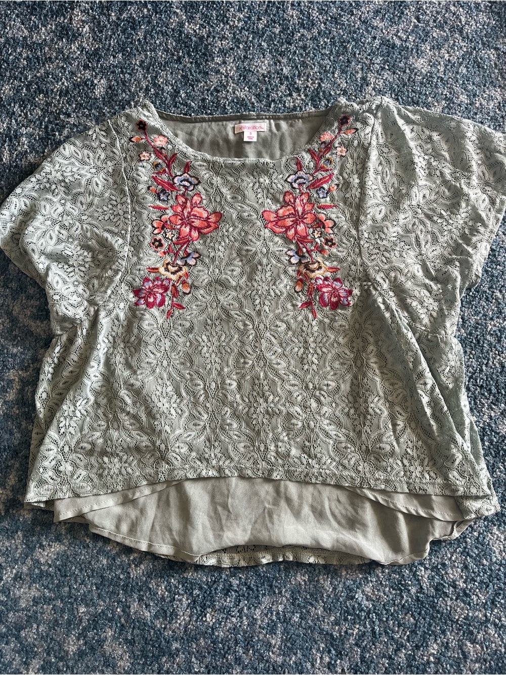 Xhilaration Sage Green Lace Top with Floral Embroidery
